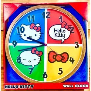 NWT Gorgeous Huge Sanrio 16”D Red Blue Yellow Green Hello Kitty Wood Wall Clock
